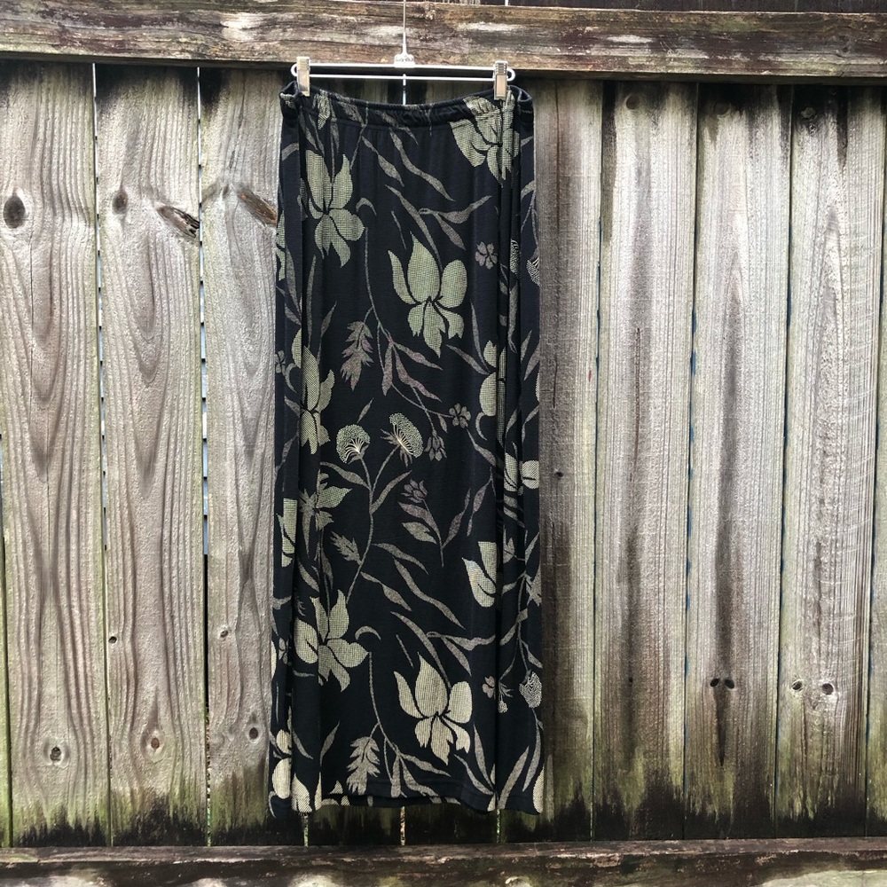 Frazier Lawrence Vintage 90s Slinky Maxi Skirt Black Floral Pull On